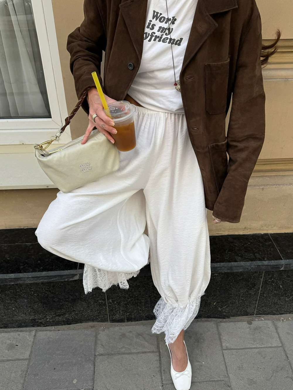 ZARA Spring Summer Women Loose White Lace Trim Casual Office Trousers